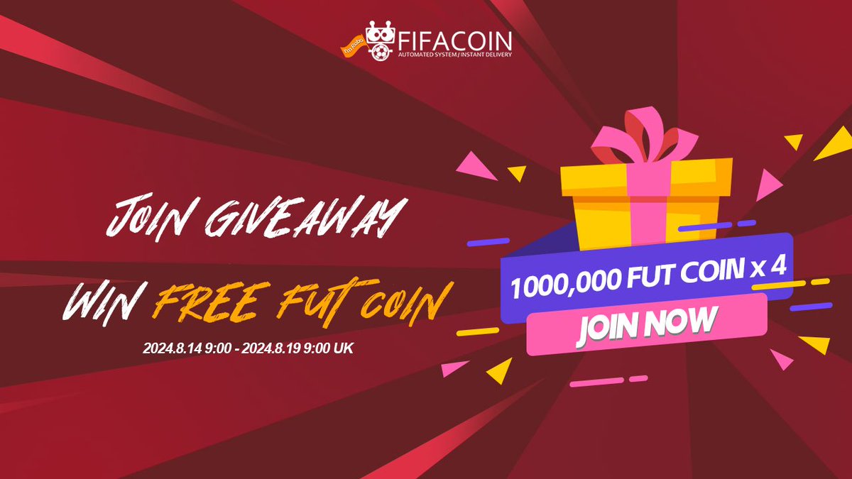 FIFACOINtw's tweet photo. #FIFACOIN Weekly Giveaway

🏆Prizes: 1000,000 FUT Coins x 4

How to enter:
1. Follow 
@FIFACOINtw
2. Retweet &amp; Like
3. Tag a friend

⏰ We will announce the winner on 19 August at 9am UK time
#EAFC24 #FC24 #Giveaway #FC24giveaway https://t.co/Or8ulQl3zp