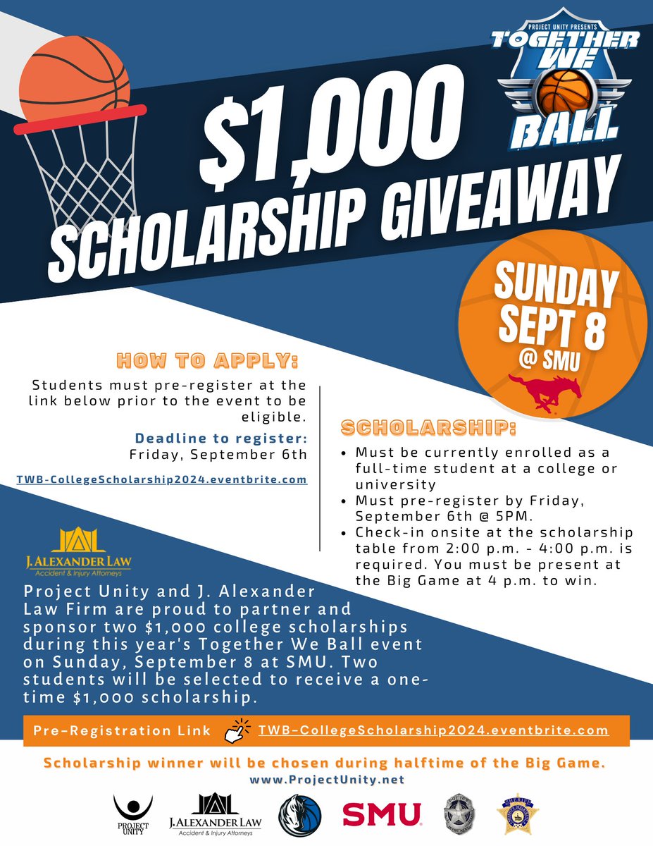 Project Unity (@projectunityntx) on Twitter photo PU & <a href="/jalexlawfirm/">Josh Alexander</a> are proud to partner and sponsor two $1,000 college scholarships during this year’s Together We Ball event on Sunday, September 8 at SMU. If you are currently a student attending a college or university, you can apply! Register here: …collegescholarship2024.eventbrite.com PU & <a href="/jalexlawfirm/">Josh Alexander</a> are proud to partner and sponsor two $1,000 college scholarships during this year’s Together We Ball event on Sunday, September 8 at SMU. If you are currently a student attending a college or university, you can apply! Register here: …collegescholarship2024.eventbrite.com