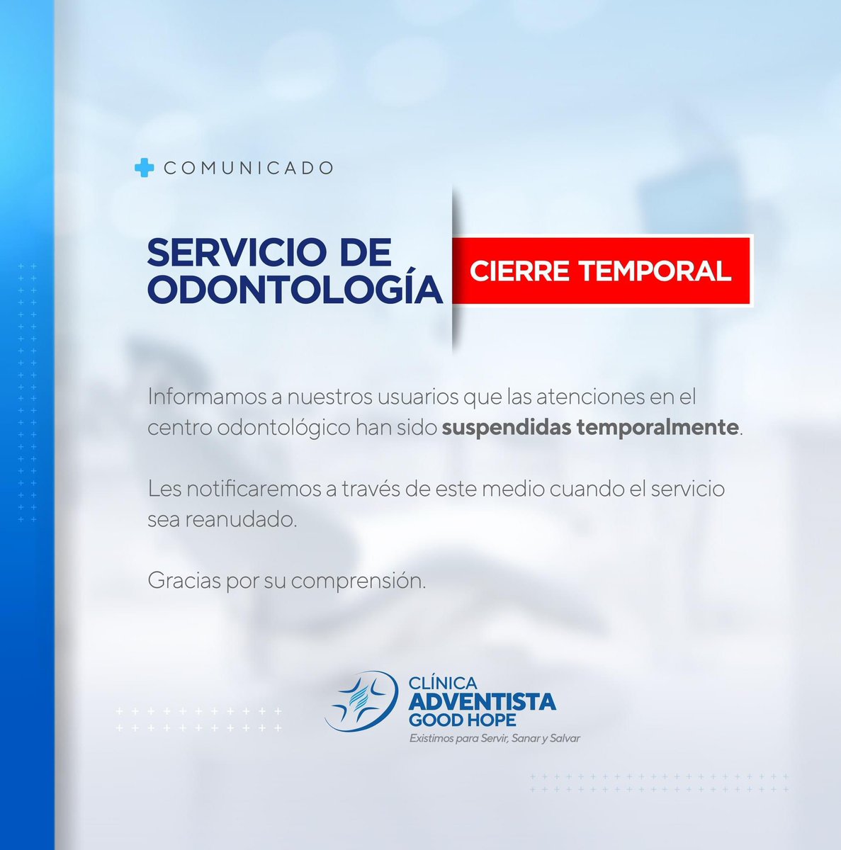 🚨 SERVICIO DE ODONTOLOGÍA - CIERRE TEMPORAL🚨
Informamos a nuestros usuarios que las atenciones en el centro odontológico han sido suspendidas temporalmente. Les notificaremos a través de este medio cuando el servicio sea reanudado.

Gracias por su comprensión.