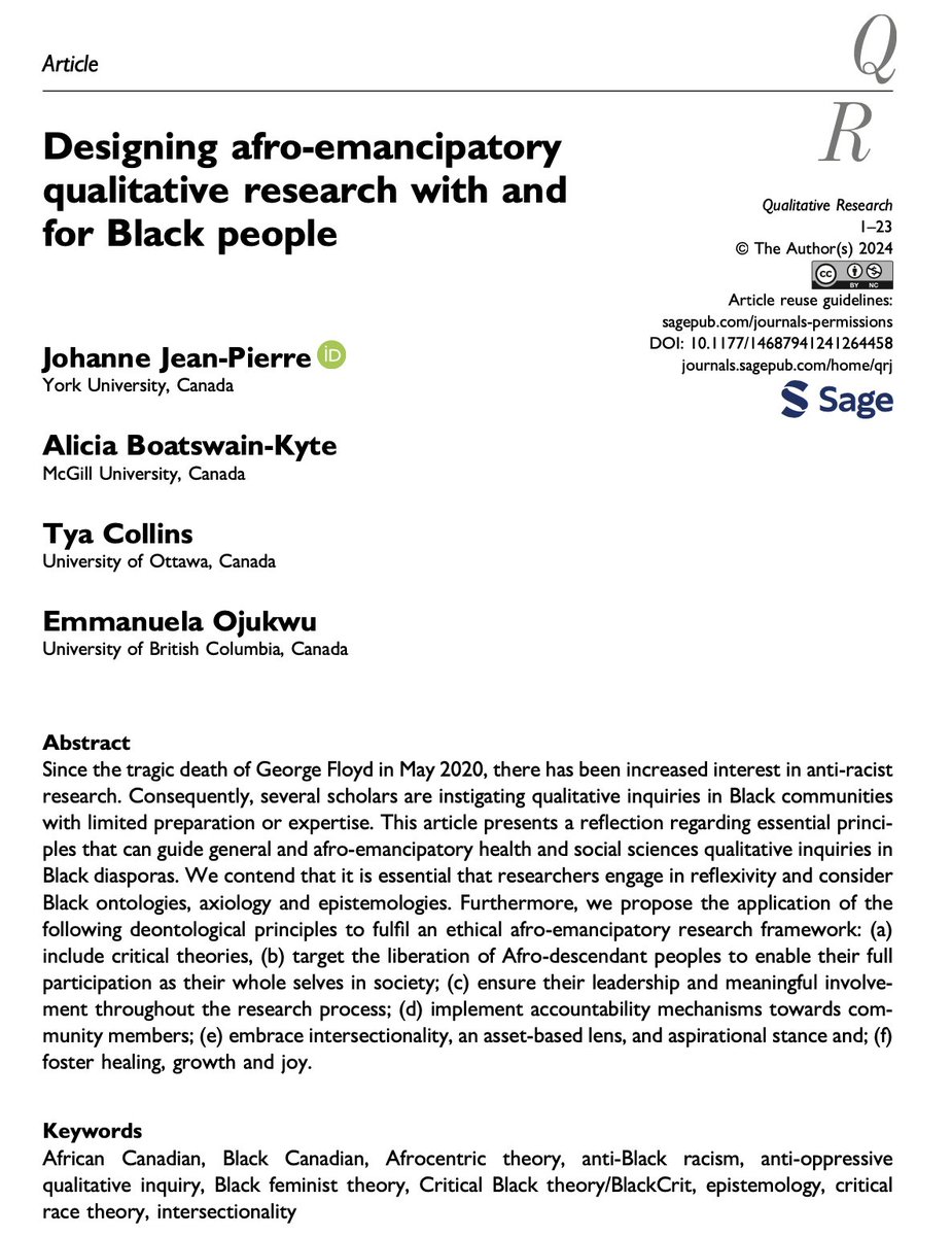 Johanne Jean-Pierre (@jjpierre4700) on Twitter photo In this #OpenAccess article, Dr. <a href="/aliciakyte/">Alicia Boatswain-Kyte, MSW PhD</a>, Dr. Tya Collins, Dr. Emanuella Ojukwu and I propose a framework to conduct #Qualitative research with Black communities. <a href="/uOttawaEdu/">uOttawa Education</a> <a href="/UBCNursing/">UBC Nursing</a> <a href="/TubmanInstitute/">The Harriet Tubman Institute</a> <a href="/YorkUSOCI/">YorkU Sociology</a> <a href="/RobartsCentre/">Robarts Centre</a> <a href="/YorkULAPS/">Faculty of Liberal Arts & Professional Studies</a> doi.org/10.1177/146879… In this #OpenAccess article, Dr. <a href="/aliciakyte/">Alicia Boatswain-Kyte, MSW PhD</a>, Dr. Tya Collins, Dr. Emanuella Ojukwu and I propose a framework to conduct #Qualitative research with Black communities. <a href="/uOttawaEdu/">uOttawa Education</a> <a href="/UBCNursing/">UBC Nursing</a> <a href="/TubmanInstitute/">The Harriet Tubman Institute</a> <a href="/YorkUSOCI/">YorkU Sociology</a> <a href="/RobartsCentre/">Robarts Centre</a> <a href="/YorkULAPS/">Faculty of Liberal Arts & Professional Studies</a> doi.org/10.1177/146879…
