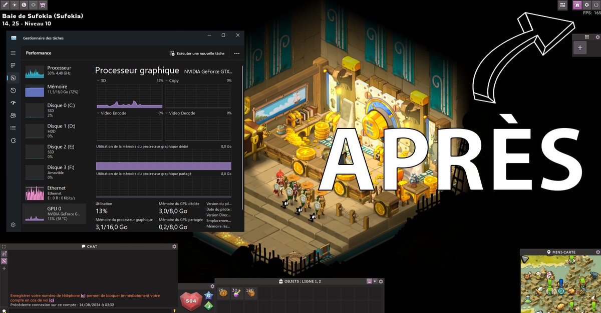 Je joue sur #DofusUnity avec 4 comptes et j'ai trouvé une solution pour améliorer les perfs en multicompte
• Avant : CPU à 100% et une forte charge GPU
• Après : CPU à 30% et GPU plus stable
👇🏻👇🏻