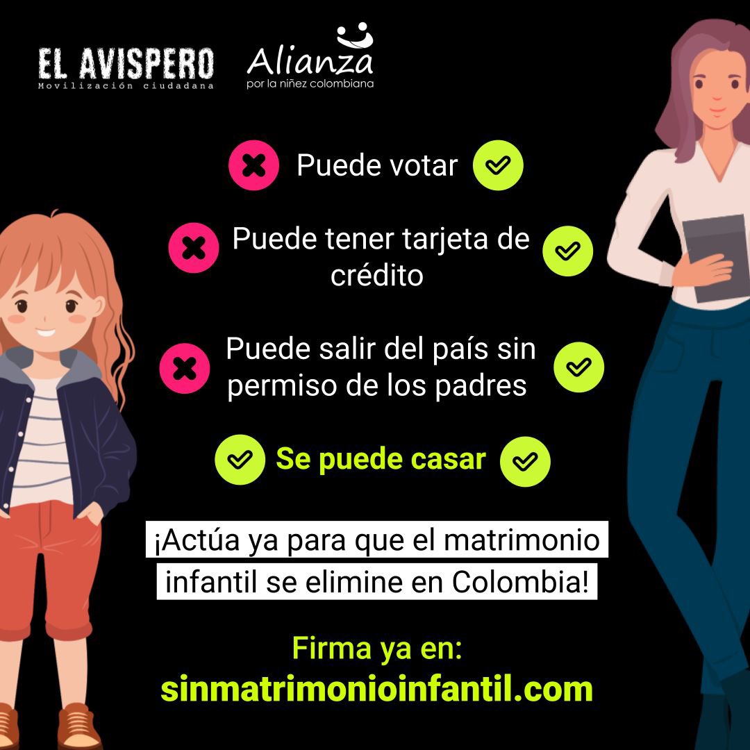 alianzaninez's tweet photo. El final de la niñez NO puede ser el matrimonio 💍. Elimina el matrimonio infantil presionando al Senado de la República en https://t.co/kups5jigQR 

¿Por qué estamos permitiendo eso como sociedad? ¡Actúa ya por la niñez colombiana!

#senado #congresocolombia #sonniñasnoesposas https://t.co/8o7vVewnnb