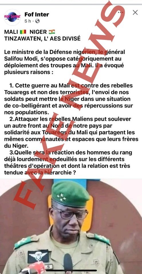 A_Maiga2's tweet photo. ATTENTION AUX FAKE NEWS : Le Niger a été présent militairement auprès d'un membre de la Confédération Alliance des Etats du Sahel, auprès du Mali dans la vaste opération menée par les FAMA pour le contrôle total de Tinwazaten.
NB: c'est une page d'un ivoirien de ado mouton https://t.co/TzbzbUNc60