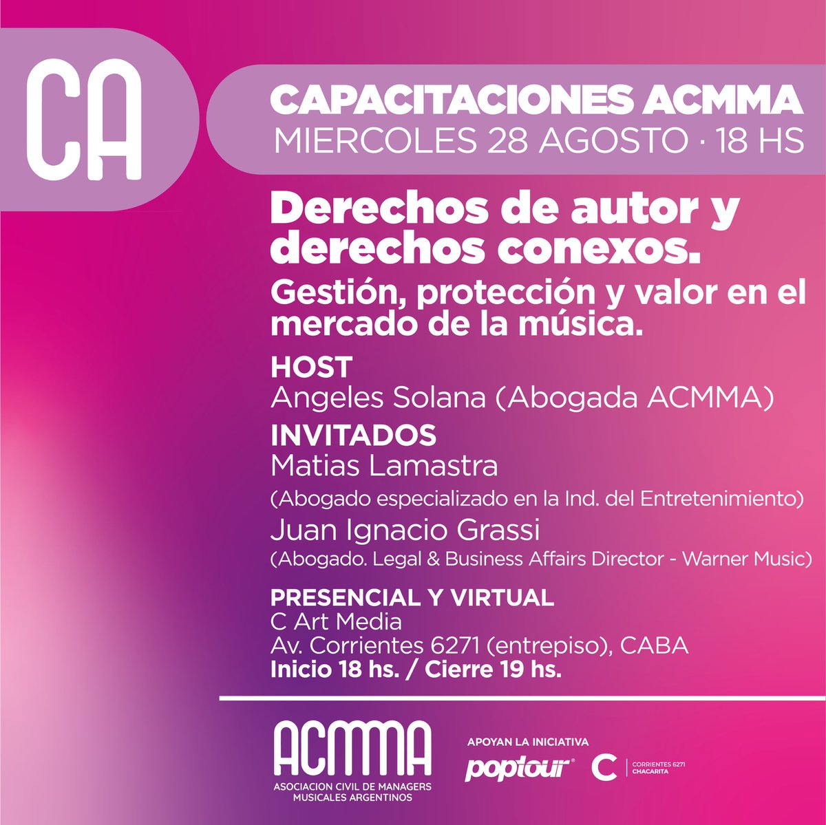 managersarg's tweet photo. 📝 #CapacitacionesACMMA2024 | Invitamos a los socixs de ACMMA a sumarse al encuentro “Derechos de autor y derechos conexos. Gestión, protección y valor en el mercado de la música”.
📌 Mié 28/8 @ccomplejoartmedia 
Presencial y online
🖊️ Inscripciones 👉managersargentinos@gmail.com https://t.co/BPqgId0pOg