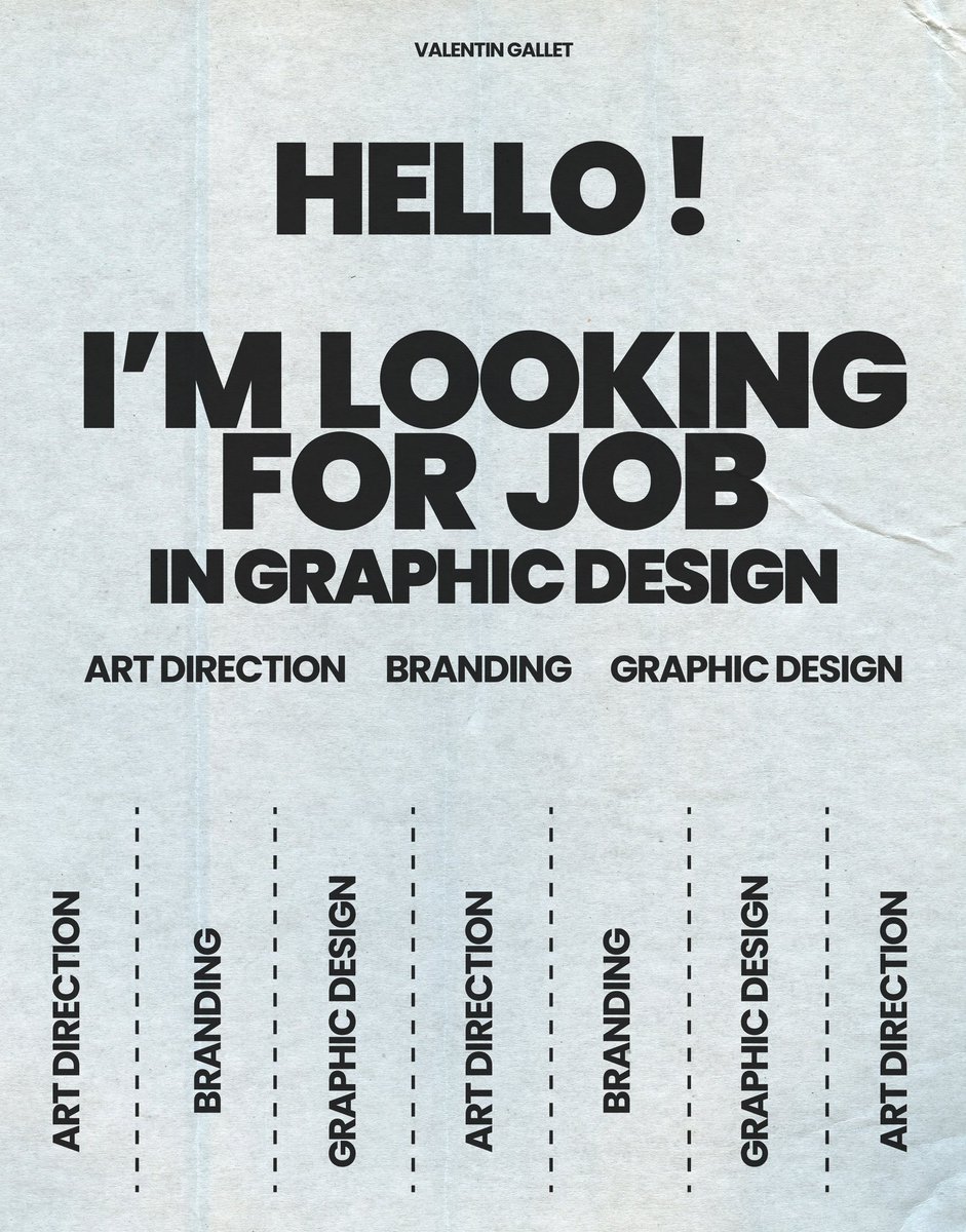 I’m looking for a job in Graphic Design ! 

• Art Direction
• Branding 
• Graphic Design

Thank you for Likes &amp; Retweets !❤️

📩 Dm open for more info.

Work : behance.net/valentingallet