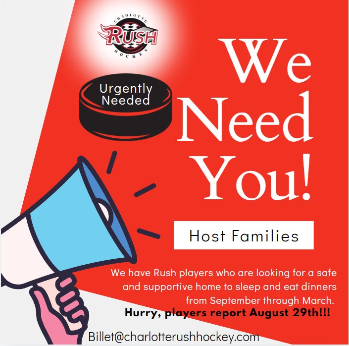 RushHockeyClub's tweet photo. ๐จ๐จATTENTION LOCAL FAMILIES!!!๐จ๐จWe are still searching for a few more good homes for our players. If interested, please reach out to our Billet Coordinator, Liz at billet@charlotterushhockey.com! we need your help! #BilletsNeeded #RushFamily https://t.co/O8eaSQnYtq