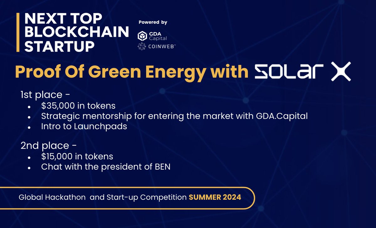 Want to drive the future of green energy? 🌍

Submit your existing or new project to the Proof of Green Energy track with <a href="/solarxchain/">SolarX</a> at the Next Top Blockchain Startup online competition!

🏆 Compete for $50K in prizes, mentorship, and launchpad opportunities.