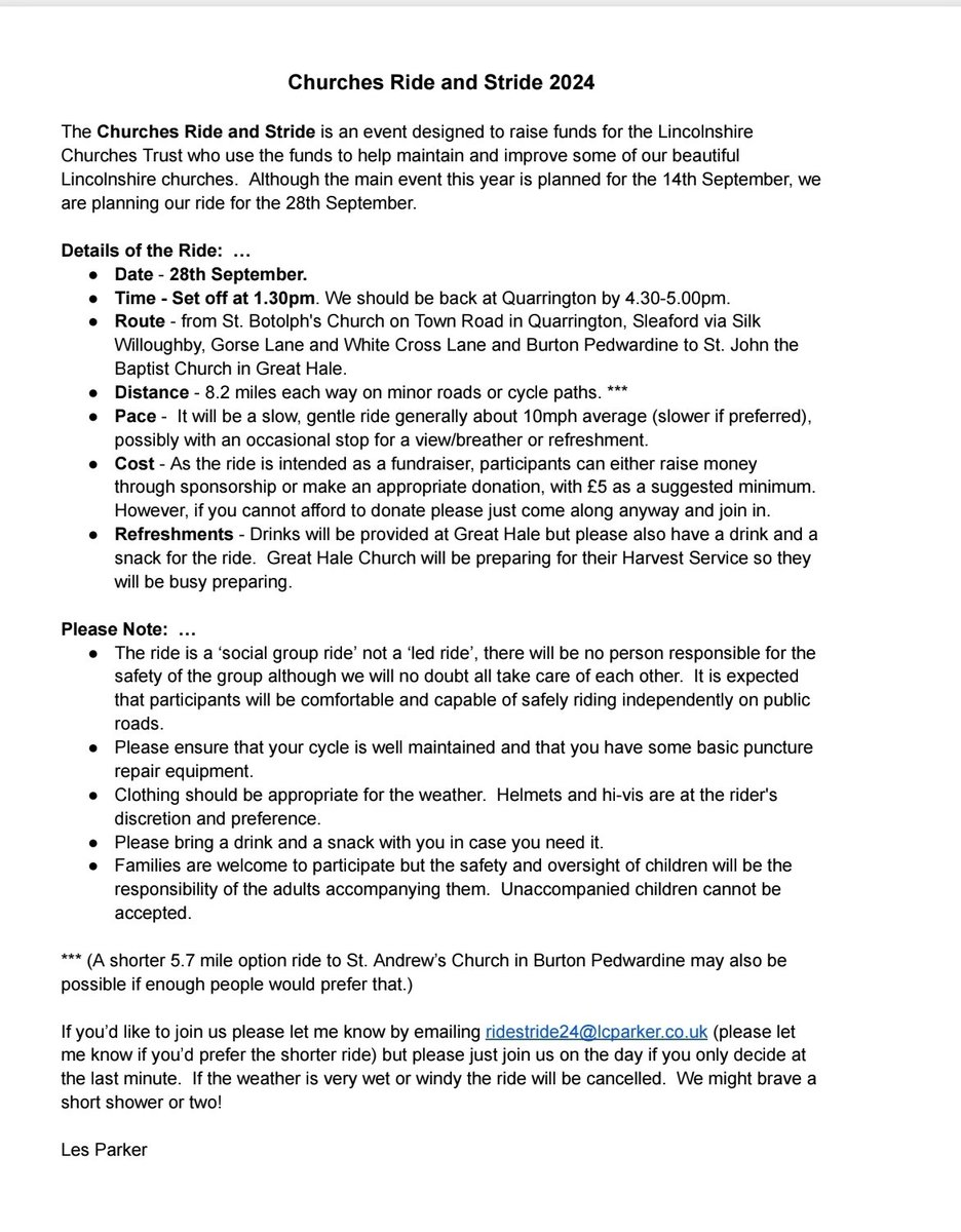 Lincolnshure Churches Ride and Stride... an invite to people local to Sleaford and District...