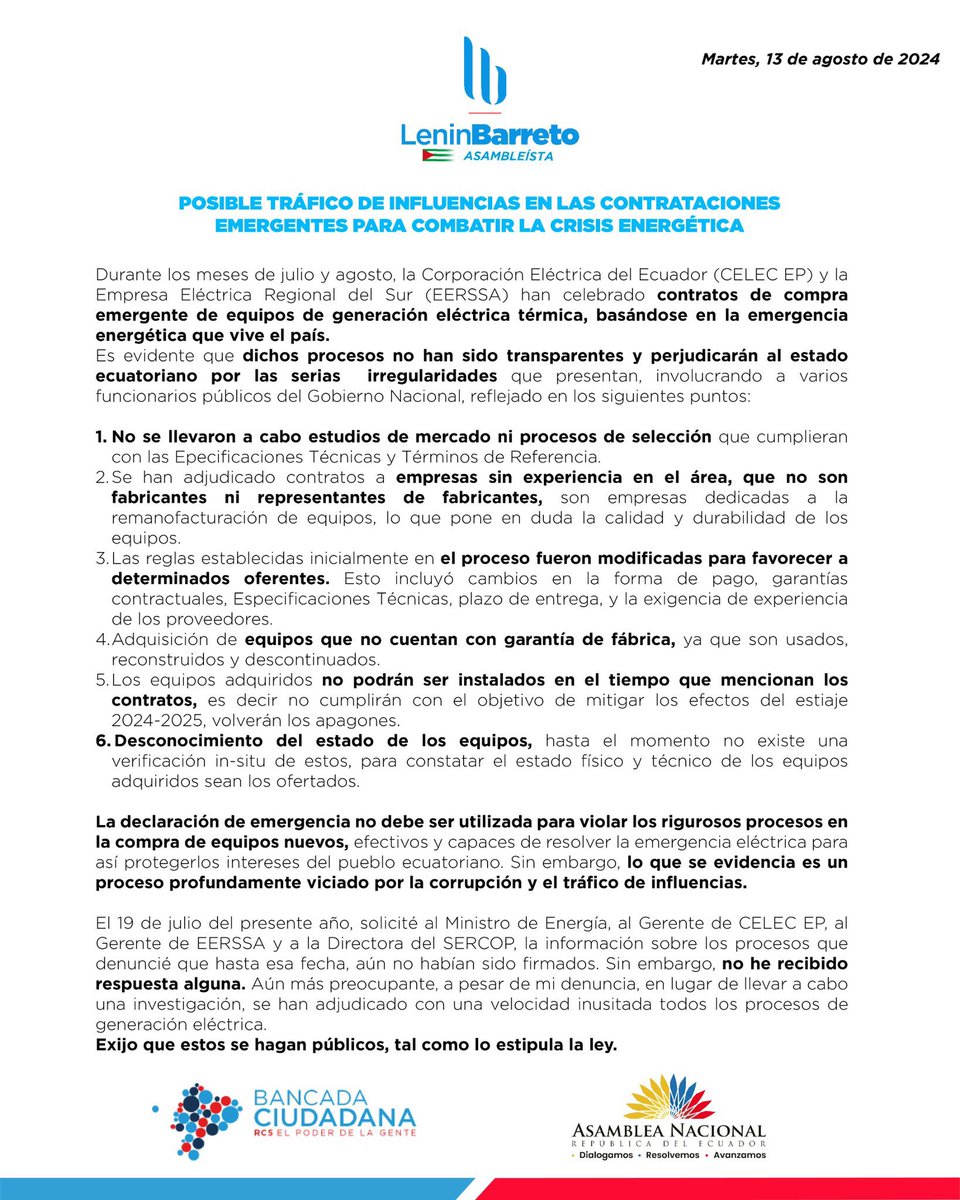 ecuainm_oficial's tweet photo. ‼️#URGENTE
Asambleísta @LeninBarreto denuncia “que durante los meses de julio y agosto, CELEC y la Empresa Eléctrica Regional del Sur han celebrado contratos de compra emergente de equipos de generación eléctrica térmica, basándose en la emergencia energética que vive el país. Es evidente que dichos procesos no han sido transparentes y perjudicarán al estado ecuatoriano por las serias irregularidades que presentan”.