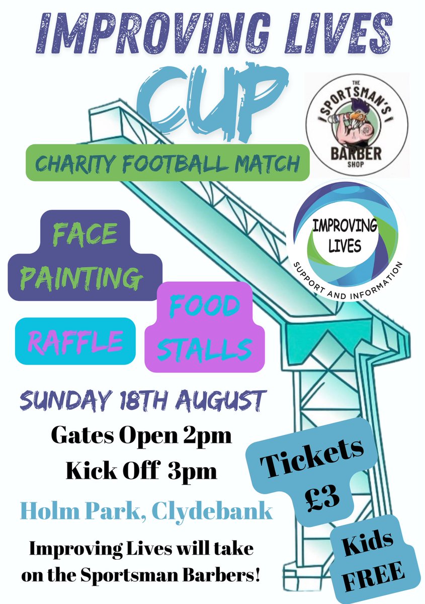 Our Charity Football Match is being held on Sunday 18th August. Tickets are available from Improving Lives or the Sportsman's Barber Shop or at the gate on the day! Don’t miss out on a great family day out for a great cause. Tickets are just £3 for adults and KIDS FREE