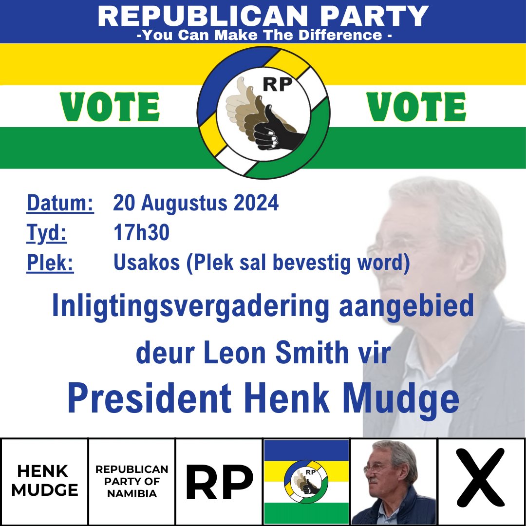 Join us on Tuesday, 20 August 2024, at 17:30 PM at Usakos Venue TBA for a pivotal discussion with RP representative Leon Smith on behalf of President Henk Mudge. We look forward to seeing you there! #RP2024 #MeetTheLeader #HenkMudge #Election2024 #GetInvolved #voterp #rpnamibia