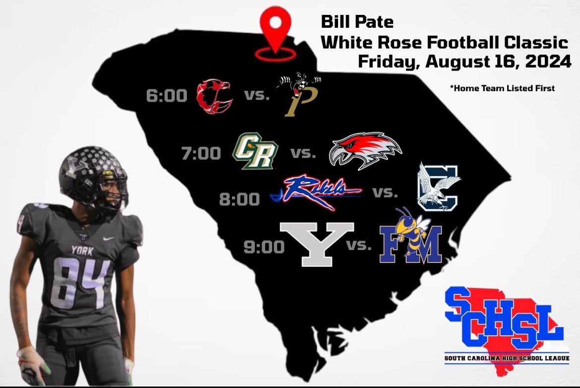 🚨Central vs. Providence has been cancelled.🚨  The Bill Pate White Rose Classic will begin at 7 pm Friday, August 16 with 6 teams participating. <a href="/YorkRecruits/">York HS FB Recruits</a>