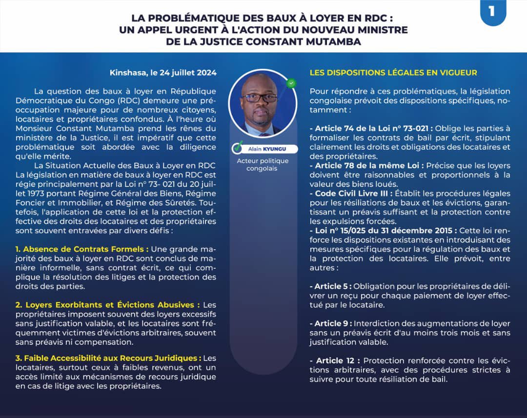 central_sage's tweet photo. 🇨🇩Alain Kyungu, acteur politique congolais, appelle le nouveau ministre de la Justice et Garde des Sceaux, Constant Mutamba, à aborder d'urgence la problématique des baux à loyer en RDC. Kyungu met en exergue les principaux défis auxquels font face les locataires et propriétaires en RDC, en l’occurrence l'absence de contrats formels, les loyers exorbitants, les évictions abusives et l'accès limité aux recours juridiques. « Il existe des dispositions légales en vigueur, mais qui souffrent d’application », évoque-t -il, invitant le ministre à prendre le dossier en mains. #RDC