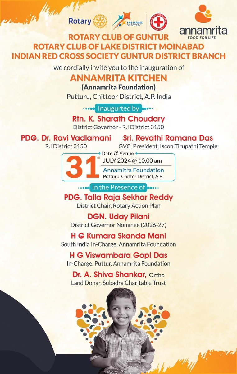 Celebrated the grand inauguration of Annamrita Kitchen in Putturu, Chittoor District, with Rotary Club of Guntur, Rotary Club of Lake District Moinabad, and Indian Red Cross Society Guntur District Branch. Grateful for our esteemed guests who made this event memorable! #Rotary