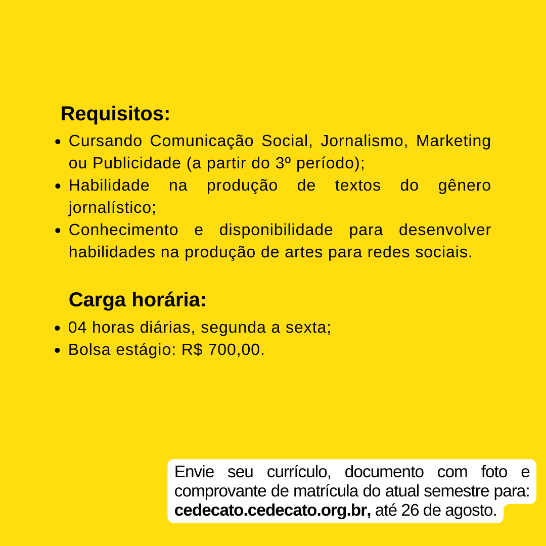 CEDECA_TO's tweet photo. 📢 É estudante de comunicação e está a procura de estágio? Cedeca abriu novo edital!
➡ A inscrição será realizada exclusivamente pelo e-mail cedecato@cedecato.org.br até o dia 26 de agosto, com o envio de documento com foto, currículo com experiências e comprovante de matrícula. https://t.co/VGzrKTMwpF