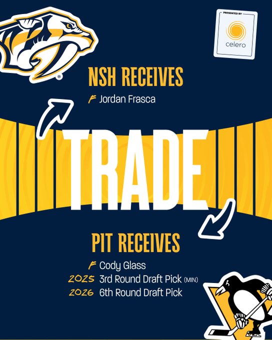 A graphic indicating a trade between the Nashville Predators and Pittsburgh Penguins. The Predators receive forward Jordan Frasca in exchange for forward Cody Glass, Minnesota’s third-round pick in the 2025 NHL Draft and a sixth-round pick in the 2026 NHL Draft.