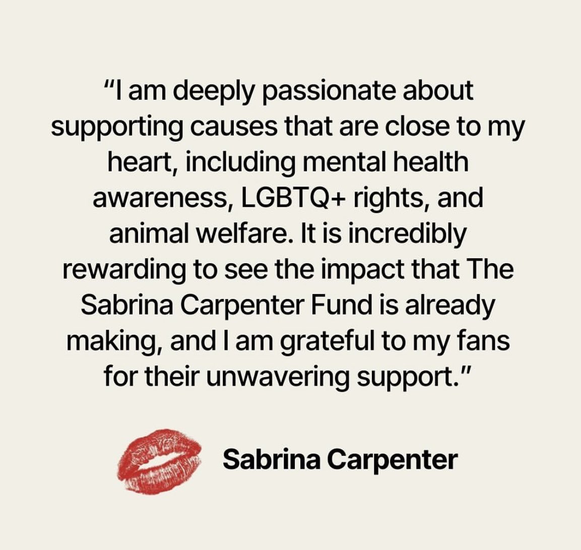 SabrinaTimes's tweet photo. Sabrina Carpenter talks about the Sabrina Carpenter Fund

“I am deeply passionate about supporting causes that are close to my heart including mental health awareness, LGBTQ+ rights and animal welfare” https://t.co/wBYB0QhVH4