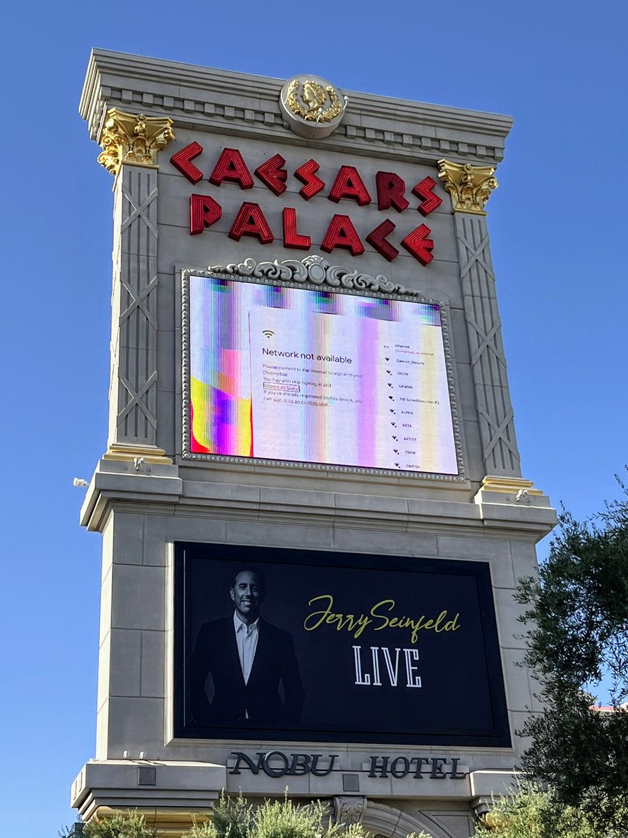 Last year Caesar's was hit by ransomware, paid a ransom demand of over $15,000,000, and now when the nerds come back in town someone decides to be a memester.

This is why we can't have nice things.