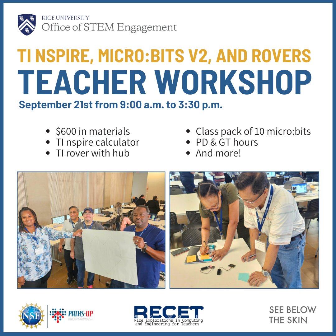 R-STEM (@riceu_stem) on Twitter photo Calling all middle and high school science, math, and computer science teachers! Join us for a hands-on workshop at <a href="/RiceUniversity/">Rice University</a> on Micro V2, rovers, and their applications in the medical field using TI Nspires. Don't miss out—register now! ow.ly/8ROE50SXe15 Calling all middle and high school science, math, and computer science teachers! Join us for a hands-on workshop at <a href="/RiceUniversity/">Rice University</a> on Micro V2, rovers, and their applications in the medical field using TI Nspires. Don't miss out—register now! ow.ly/8ROE50SXe15