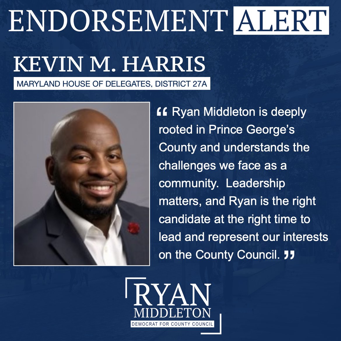 Ryan Middleton (@ryanemiddleton) on Twitter photo I worked with <a href="/kevinmharris/">Kevin M. Harris</a> to direct millions of dollars in nonprofit funds to benefit County residents. Having his support means the world to our campaign, and I can't wait to collaborate more in the future. I worked with <a href="/kevinmharris/">Kevin M. Harris</a> to direct millions of dollars in nonprofit funds to benefit County residents. Having his support means the world to our campaign, and I can't wait to collaborate more in the future.