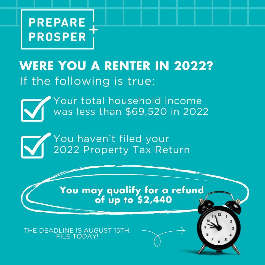 If you haven’t filed your 2022 Property Tax return (Form M1PR) and were a renter in 2022 with a total household income under $69,520,  you might be eligible for a refund! 

Make sure to file before the deadline on August 15th to receive your 2022 Minnesota Property Tax Refund.