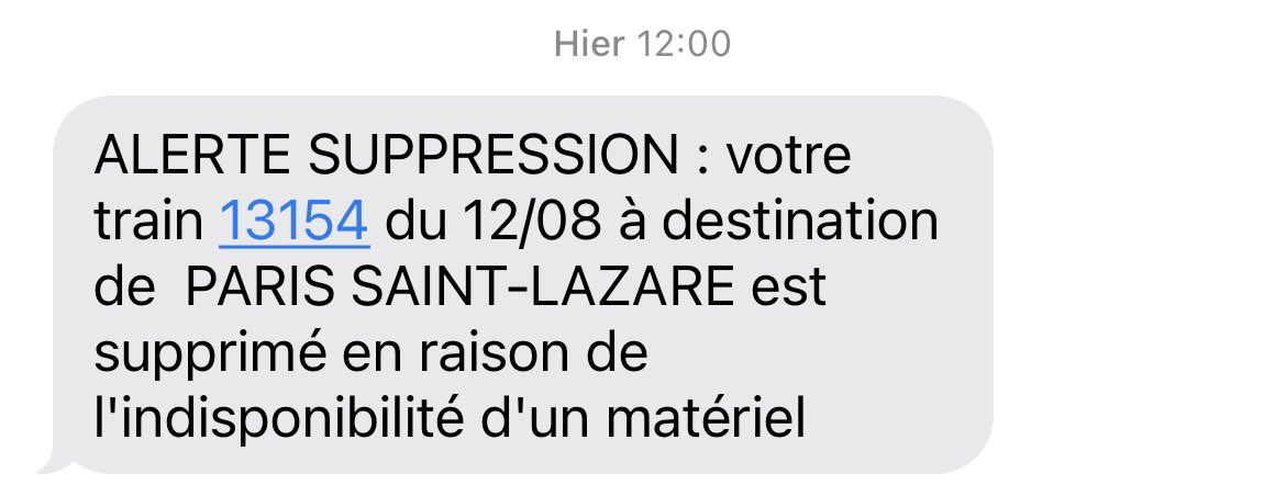 Après avoir reçu ce message de suppression de mon train, j’appelle la SNCF pour savoir comment être remboursée
Ils m’ont répondu que je n’avais pas annulé mon billet avant le départ (annulé lui même) et que ce n’était donc pas automatique.

Vous réalisez un peu le niveau de vice?