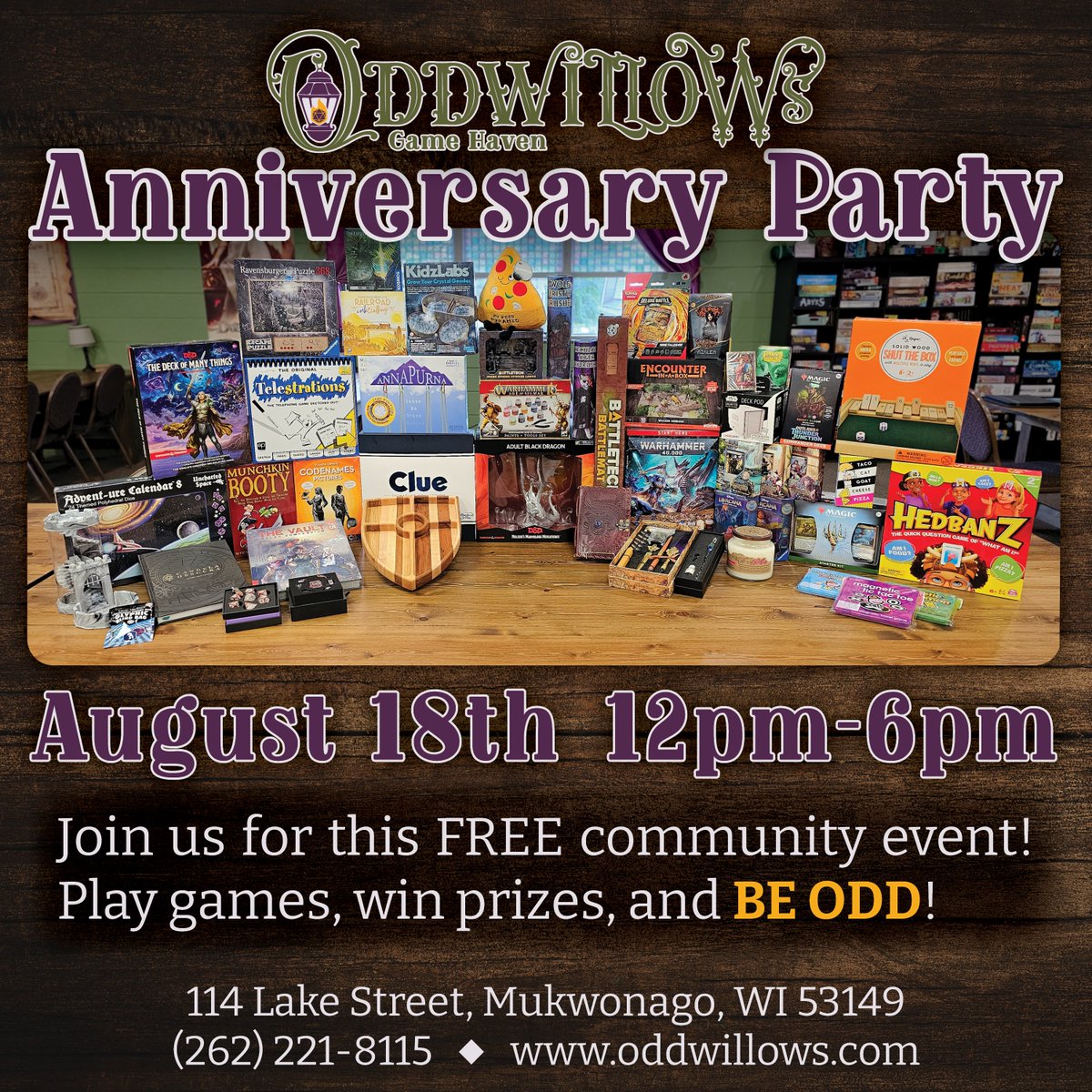 Are you coming to the Oddwillow's Anniversary Game Day? Check out all the prizes you could win, for FREE! Visit our website for details, oddwillows.com/events/