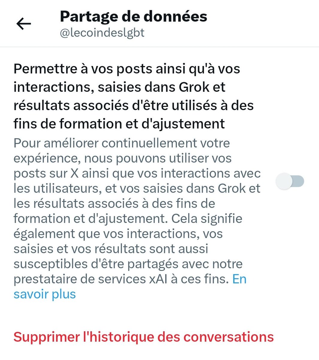 lecoindeslgbt's tweet photo. Twitter a coché automatiquement la case l'autorisant à partager vos données avec son prestataire de service Xai. Pour décocher :
-Paramètres 
-Confidentialité 
-Grok https://t.co/rGOQndfg4d