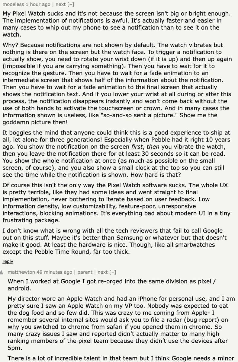 A former Apple engineer discusses Google product culture:

> My director wore an Apple Watch and had an iPhone ... my VP too. Nobody was expected to eat the dog food and so few did. This was crazy to me coming from Apple  ....