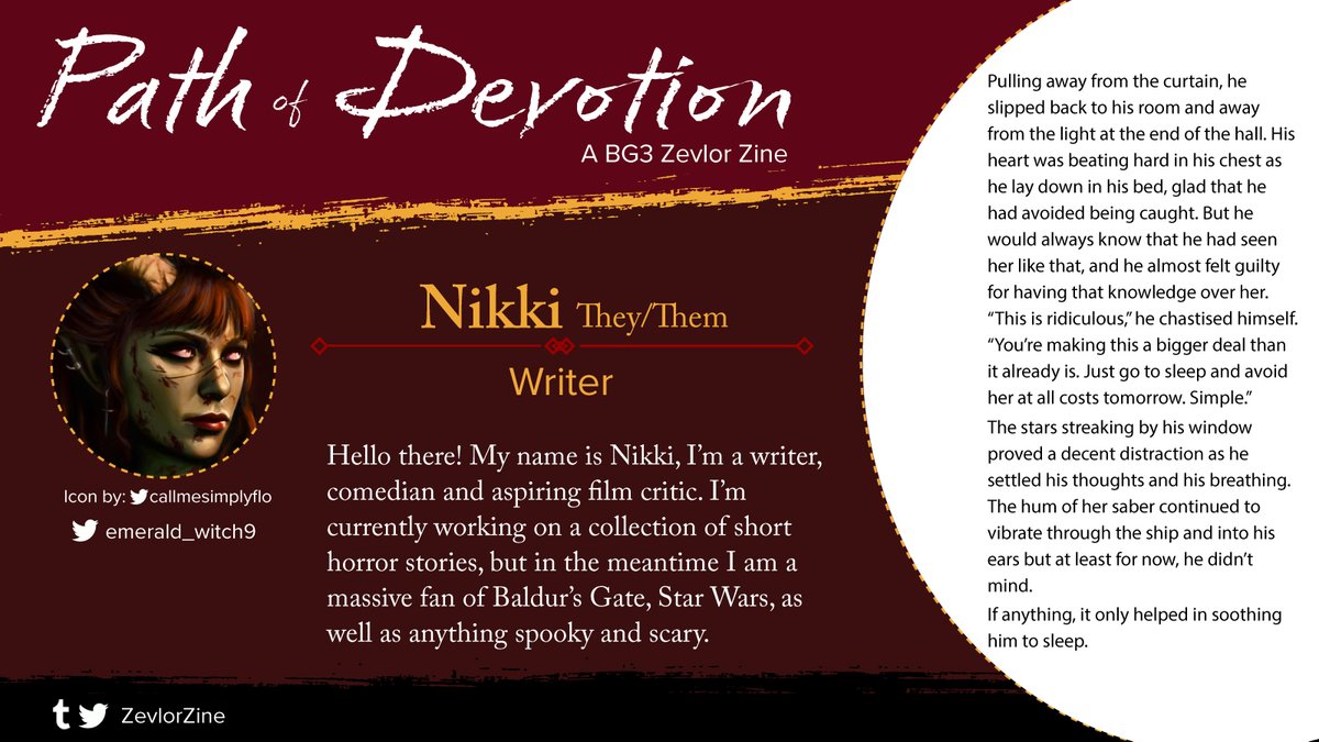 Next we have our writer <a href="/emerald_witch9/">🌿Nikki B✨Rocky Grace Save Stars ☀️</a> ! Nikki writes short horror stories, let's hope they treat our Commander kindly.
#bg3 #zevlor