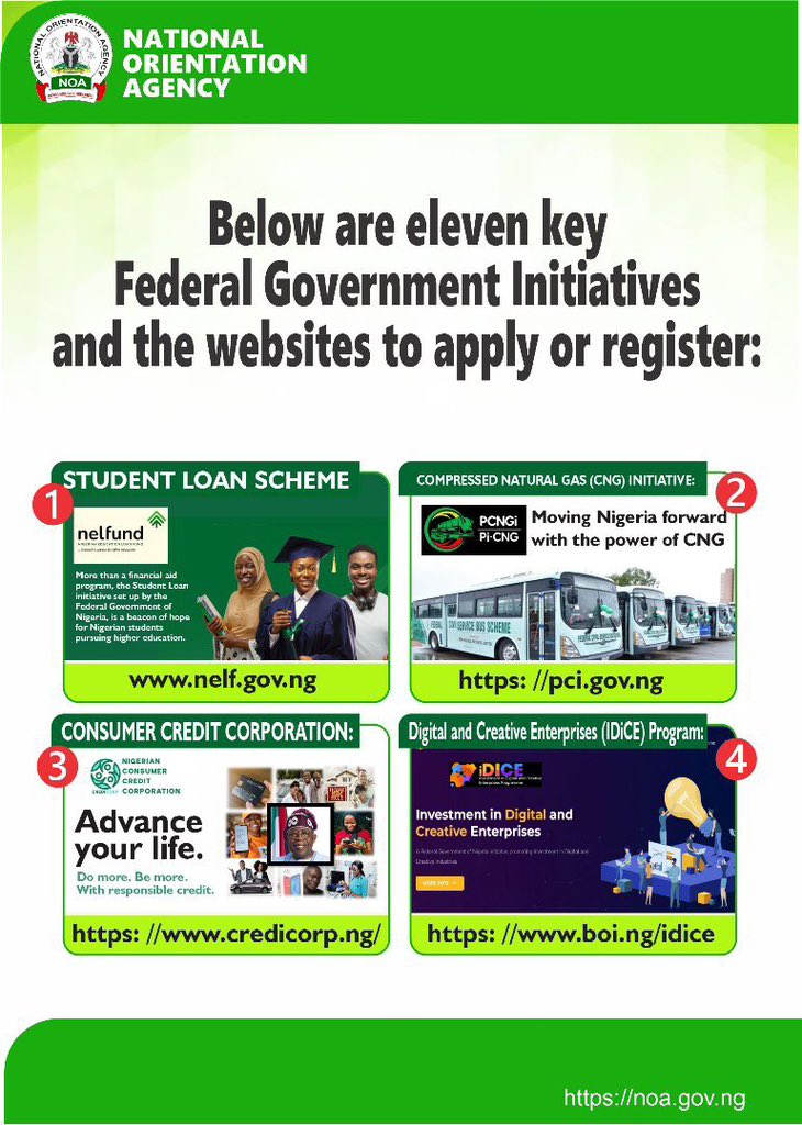 regent_mfb's tweet photo. Below are the 11 key Federal Government Initiatives and their websites to apply or register in 2024. 😎💯

Application is free, apply and share to your contacts and loved ones. 

#regentmfb #nigeria #fgninitiatives #federalgoverment https://t.co/nuuYjndgNl
