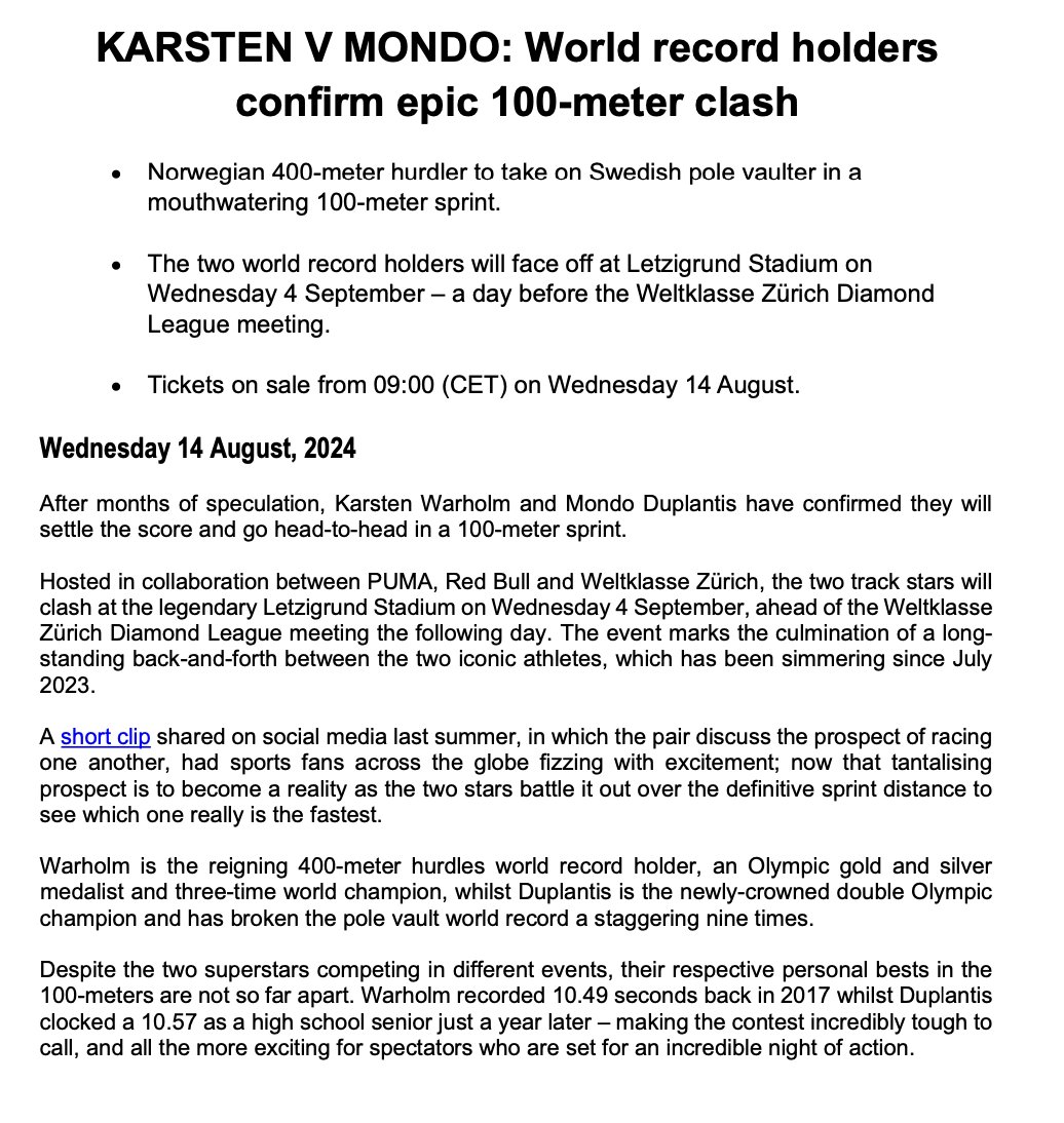 💎 JUST ANNOUNCED: Zurich Diamond League organizers confirm Olympic champion and pole vault world record holder Mondo Duplantis will race against 400m hurdles world record holder and Olympic silver medalist Karsten Warholm over 100m on Sept. 4 – the day before the Zurich Diamond