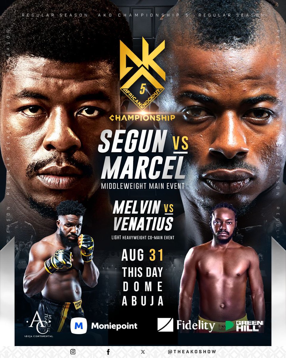 TheAKOShow's tweet image. Get Ready for the explosive 𝑴𝑨𝑰𝑵 and 𝑪𝑶-𝑴𝑨𝑰𝑵 event at #AKO5!🔥💥

Don’t miss out. Grab your tickets now! 🎟️ Link in bio👆🏾

🗓 August 31st, 2024 
🏟️ This Day Dome, Abuja 📍🇳🇬

#AfricanKnockout #MMA #AKOChampionship #AKO5 #Abuja #Nigeria