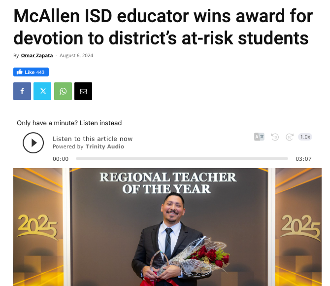 TCEA (@tcea) on Twitter photo 📰🗞<a href="/McAllenISD/">McAllen ISD</a> Educator Wins Award for Devotion to District’s At-Risk Students🗞📰
sbee.link/u7vq3grb68 via My RGV
#txed #ednews #education 📰🗞<a href="/McAllenISD/">McAllen ISD</a> Educator Wins Award for Devotion to District’s At-Risk Students🗞📰
sbee.link/u7vq3grb68 via My RGV
#txed #ednews #education
