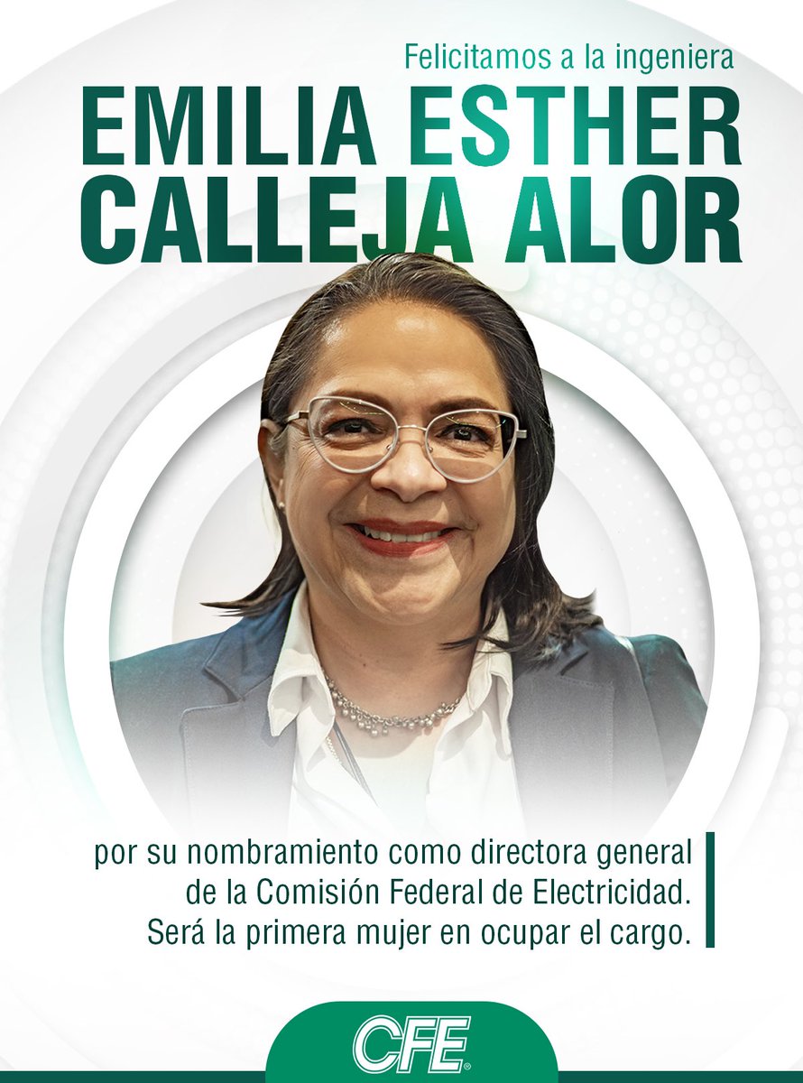 Felicitamos a la ingeniera Emilia Calleja Alor por su nombramiento como directora general de la Comisión Federal de Electricidad. Será la primera mujer en ocupar el cargo.

Su experiencia y liderazgo contribuirán significativamente al éxito y fortalecimiento en la CFE. El