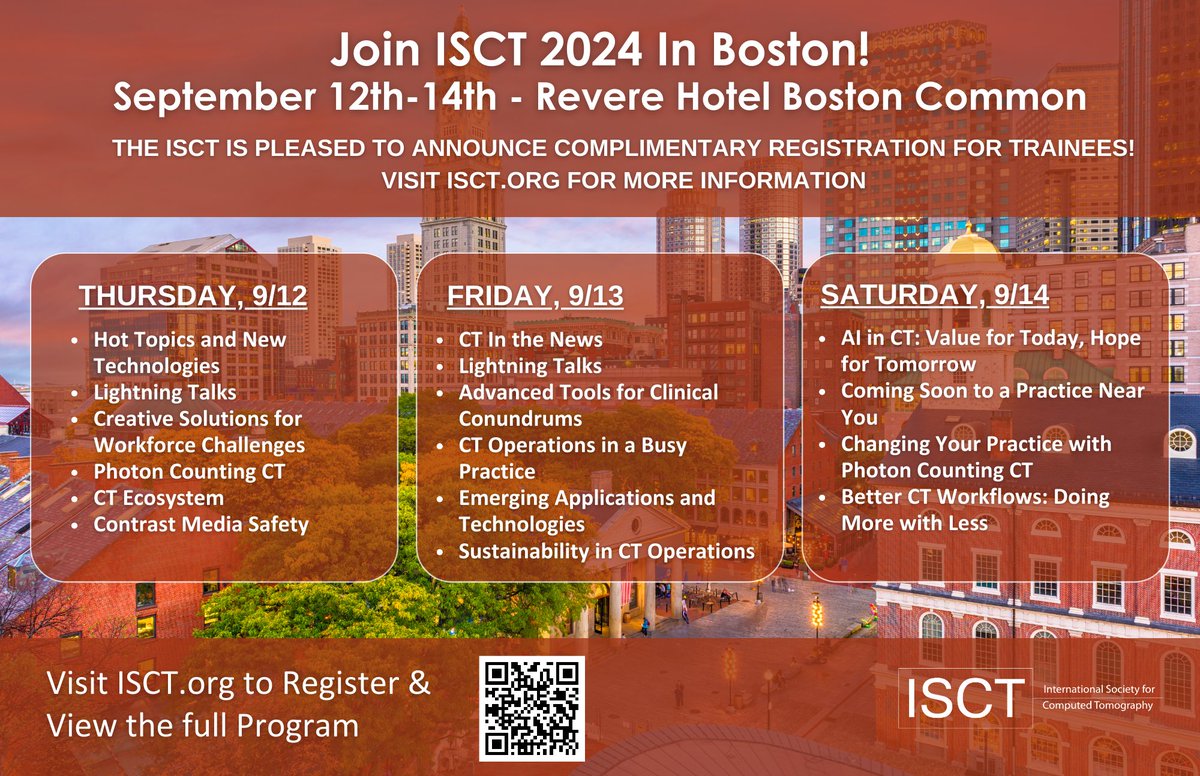 ISCT24 in Boston what more could you ask for? How about complimentary registration for Trainees! Visit ISCT.org to view the full program &amp; register! <a href="/futureradres/">Future Radiology Residents</a> <a href="/AMSERRads/">AMSER</a> #MedStudents #Radres