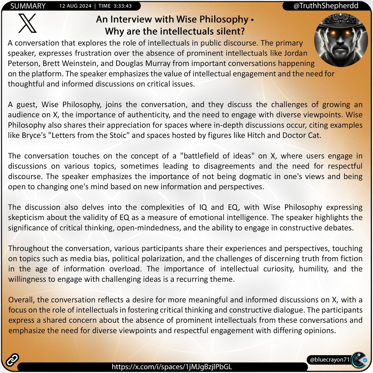 bluecrayon71's tweet image. An Interview with Wise Philosophy • Why are the intellectuals silent? @TruthhShepherdd 

🔗 x.com/i/spaces/1jMJg…

#intellectuals #publicdiscourse #sociamedia #X #Twitter #JordanPeterson #BrettWeinstein #DouglasMurray #climatechange #science #philosophy #debate #IQ #EQ
