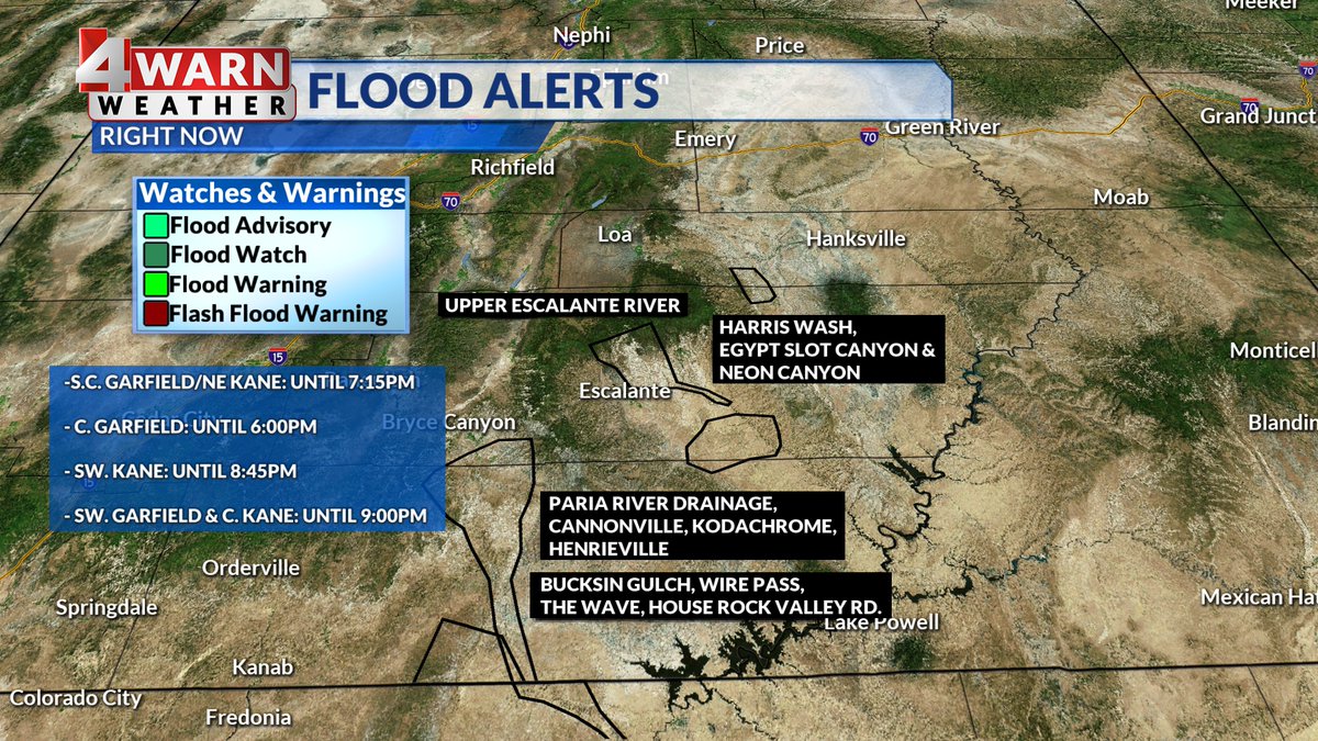 AlanaBrophyWX's tweet photo. #4WARN:
The latest on the #flashflood warnings on South Central:
-In effect for the next several hours
-Garfield & Kane Counties impacted
-Slot canyons & dry washes flooding with an abundance of water
#utwx @abc4utah https://t.co/HJTJQuFdDV