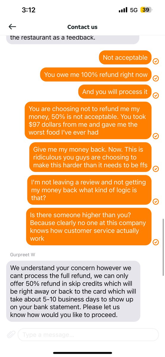 darien_lebold's tweet photo. Hey @SkipTheDishes mind telling me what kind of customer service this is? I asked full refund of food I could not eat and both your customer service agent AND manager would not refund me properly. @UberEats and @DoorDash both refund me all the time 100% and offer credit. Horrible https://t.co/wOSGdcEVwa