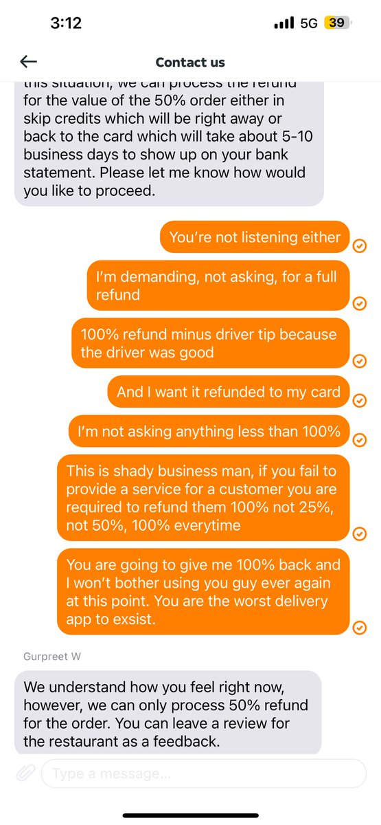 darien_lebold's tweet photo. Hey @SkipTheDishes mind telling me what kind of customer service this is? I asked full refund of food I could not eat and both your customer service agent AND manager would not refund me properly. @UberEats and @DoorDash both refund me all the time 100% and offer credit. Horrible https://t.co/wOSGdcEVwa
