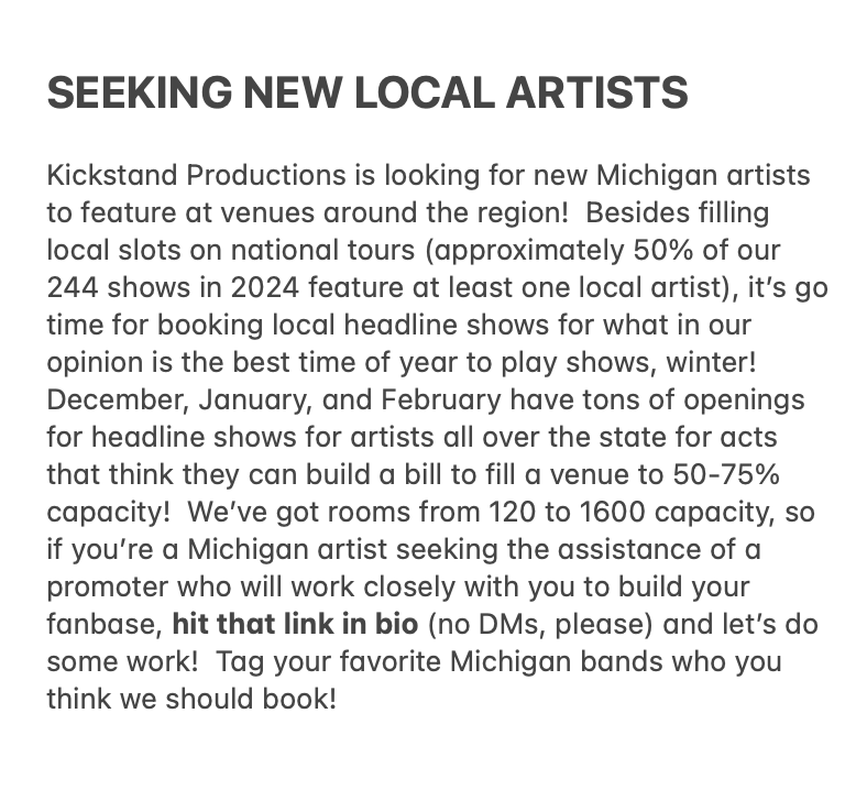 NOW BOOKING!  Especially seeking new young acts, inspired by last night's show with The Linda Lindas!  Start a band!  Release that song you've been sitting on!  Share those phone recordings with a friend!