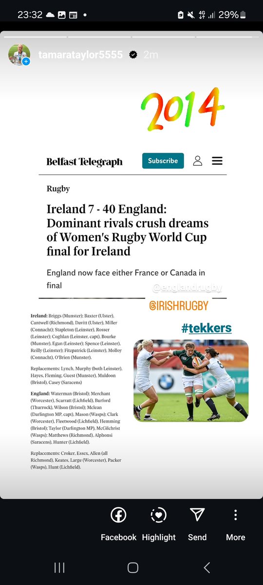 Tamara Taylor (@timmytammy8) on Twitter photo Memories from this day in 2014.
What a game <a href="/englandrugby/">England Rugby</a> against <a href="/IrishRugby/">Irish Rugby</a> in the <a href="/rugbyworldcup/">Rugby World Cup</a> Semi Final.
The best we ever played.
Against a team who knocked out the World Champs.
#Memories #womensrugby #worldcup2014 Memories from this day in 2014.
What a game <a href="/englandrugby/">England Rugby</a> against <a href="/IrishRugby/">Irish Rugby</a> in the <a href="/rugbyworldcup/">Rugby World Cup</a> Semi Final.
The best we ever played.
Against a team who knocked out the World Champs.
#Memories #womensrugby #worldcup2014