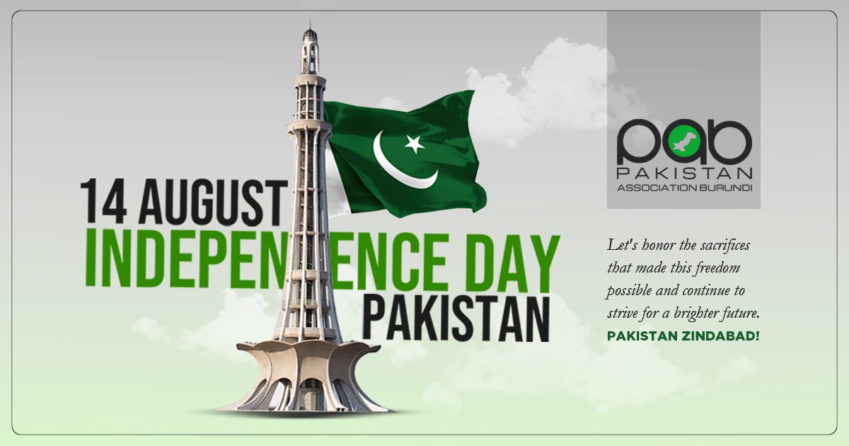 pakburundi's tweet photo. Dear Fellow Country-mate, and Friends of Pakistan,

On this auspicious occasion of Pakistan's 77th Independence Day, we come together to celebrate the birth of a nation founded on the principles of faith, unity, and discipline.

Let us pay homage to our founding fathers, the visionary leaders who dreamt of a homeland for Muslims of the subcontinent. Quaid-e-Azam Muhammad Ali Jinnah, Mother of the Nation Fatima Jinnah, Allama Iqbal, Liaquat Ali Khan, Sir Syed Ahmed Khan, and countless others laid the foundation of a nation that stands tall today.

Their sacrifices and unwavering determination have shaped the Pakistan we cherish. As we bask in the glory of our independence, let us renew our pledge to serve our country with dedication and honor.

Happy Independence Day to all!

Pakistan Zindabad!
Long Live Pakistan! 

#PakistanIndependenceDay #14august2024 #pakistanassociationburundi #Pab #Pakistan #Burundi #explorepakistan #PakistanInBurundi