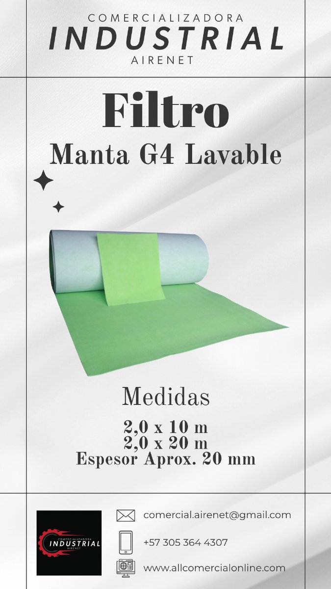 IndAirenet's tweet photo. Distribuidor de filtro Manta G4 lavable, disponible en los tamaños 2,0 X 10 m y 2,0 X 20 m. Espesor 20 mm Hacemos envíos a toda Colombia. Pedidos 319 2990918
#prefiltro #FiltrosCabina #filtrospintura #filtromanta #filtroindustrial #mantasintetica #mantalavable https://t.co/avkTkqtzFi
