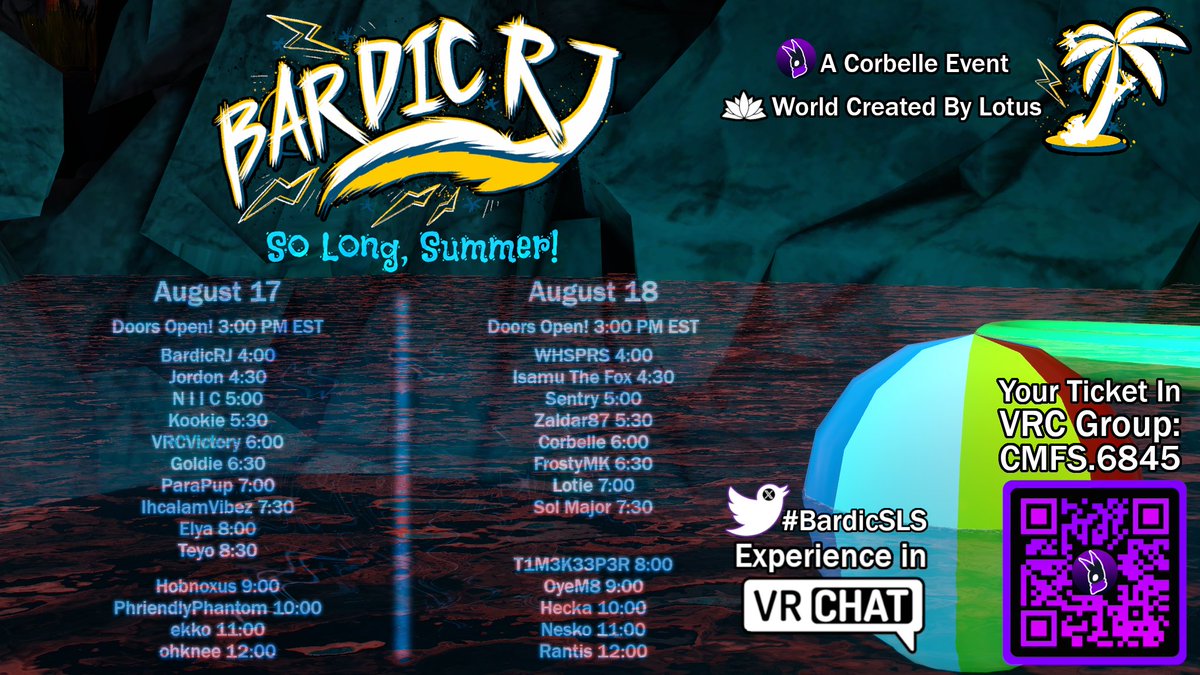 THE BIGGEST VRCHAT EVENT I HAVE EVER HOSTED IS THIS WEEKEND!

2 Days! 18 Hours! 27 Artists!

17th &amp; 18th August. Doors Open 2pm EST.

Bardic Presents: So Long, Summer!

FREE TO JOIN! (18+ ONLY)

HOW TO JOIN IS IN THREAD &lt;3

Featuring:
<a href="/jordon_lee19/">Jordon</a> <a href="/NIICdog/">NIIC</a> <a href="/Kookie_Sings/">#1 Pupstar 🏳️‍⚧️</a>
