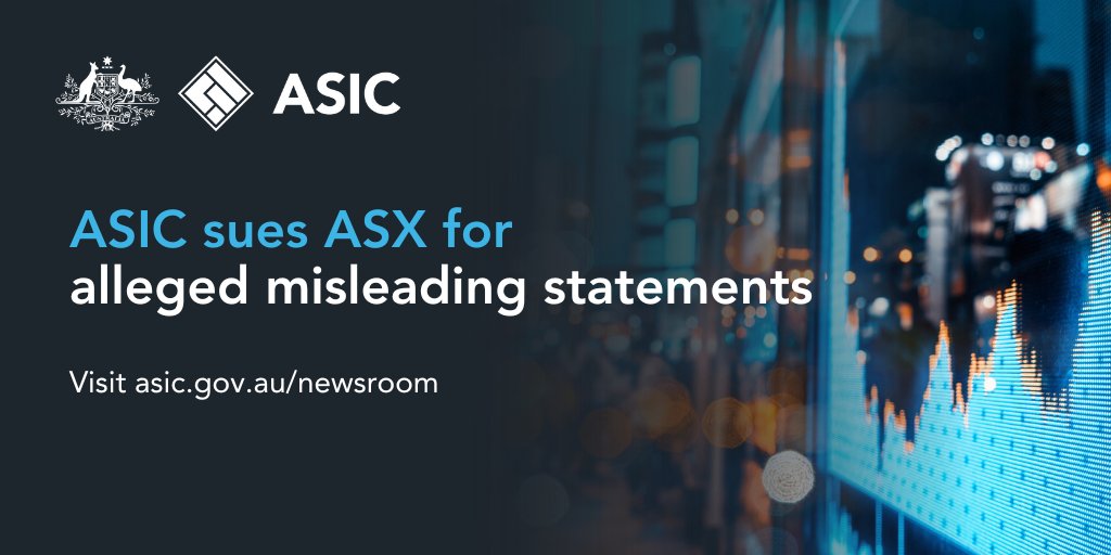 asicmedia's tweet photo. ASIC has commenced proceedings in the Federal Court against Australia’s largest market operator, ASX Limited, for allegedly making misleading statements related to its Clearing House Electronic Subregister System (CHESS) replacement project https://t.co/yyruQ5PpFB https://t.co/d3ZLUGMKSF