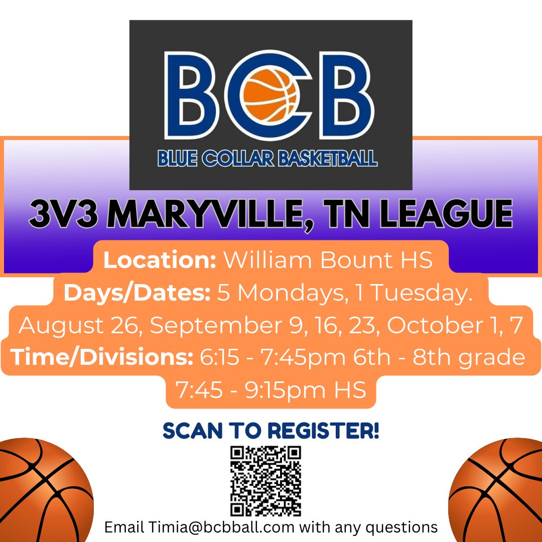 BCB_TN's tweet photo. East TN! We are excited to be here and serve you 🏀 Here at Blue Collar Basketball we provide training and leagues to help create “Better Players, Better Leaders and Better People”. Starting this Fall we will have our FIBA 3v3 league. @CoachSamAllen @GReardon14 https://t.co/O5QxZfBW4k