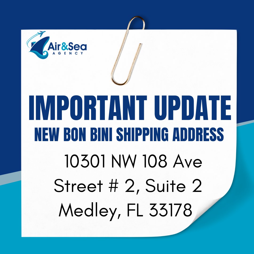𝗜𝗠𝗣𝗢𝗥𝗧𝗔𝗡𝗧 𝗨𝗣𝗗𝗔𝗧𝗘: 𝗡𝗘𝗪 𝗕𝗢𝗡 𝗕𝗜𝗡𝗜 𝗦𝗛𝗜𝗣𝗣𝗜𝗡𝗚 𝗔𝗗𝗗𝗥𝗘𝗦𝗦!
To ensure that all your packages are delivered accurately and on time, please update your records with our new shipping address:

10301 NW 108 Ave
Street #2, Suite 2
Medley, FL 33178
