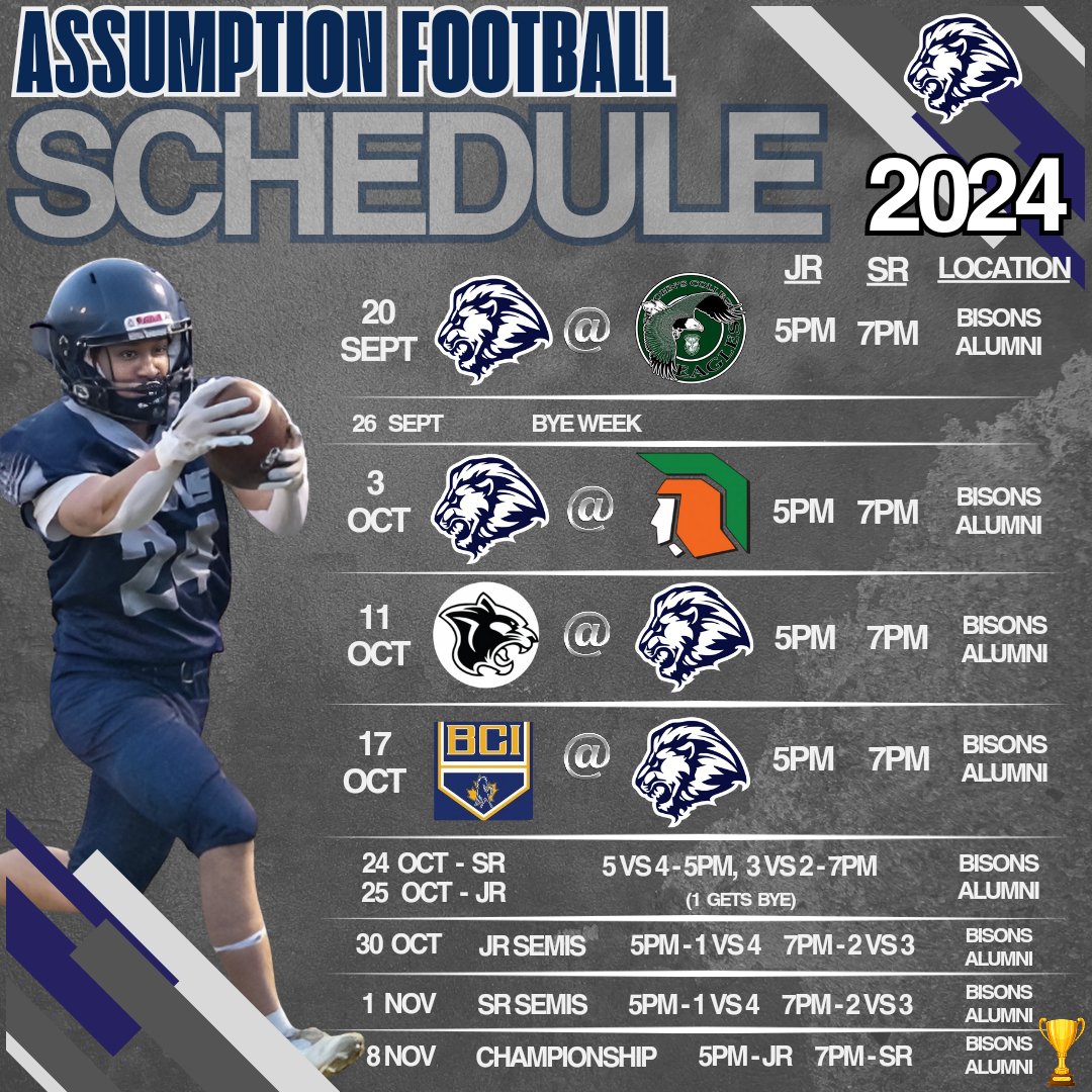 Lions Football 2024 Season Schedule! Comin' in hot! 
🦁🏈💪💪📍🗓💯

#lionpride #lionsforever #lionsfootbal #brantfordfootball #aabhn #aabhnfootball #onhsfball #2024szn #markyourcalendars #bethere <a href="/assumptionlion/">Assumption CS</a> <a href="/bhncdsb/">BHNCDSB</a>