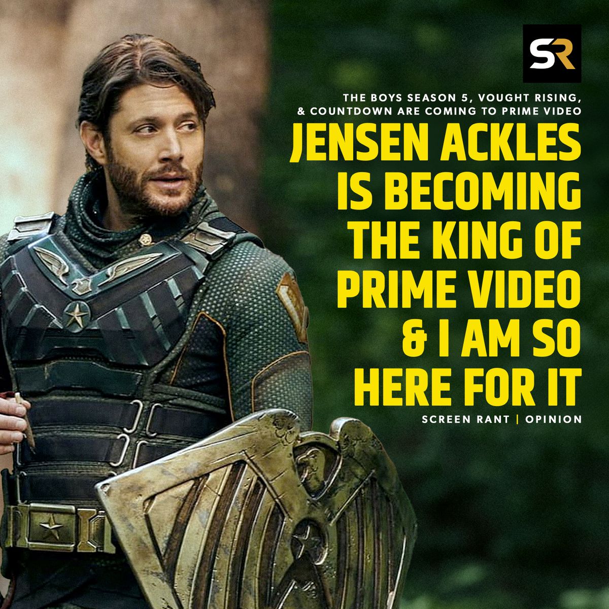 screenrant's tweet photo. Jensen Ackles will return as Soldier Boy in #TheBoys season 5! He will ALSO be leading the spin-off prequel, Vought Rising. The actor will ALSO star in Prime Video's thriller series, Countdown, with Derek Haas of the Chicago Fire and FBI: International fame at its helm. 🤩 https://t.co/v49HtyjXHB